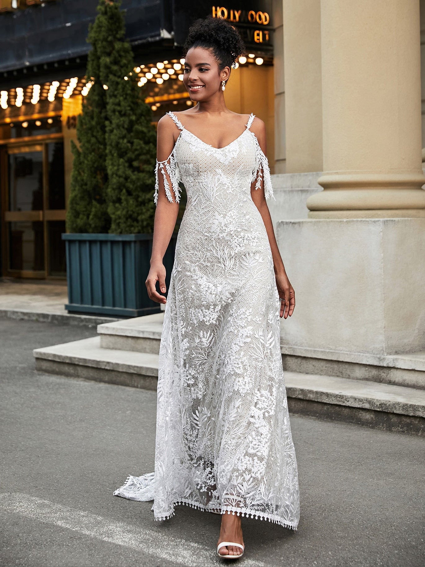 bling beach wedding dresses Lace Beach Wedding Dress,Cold-shoulder Bridal Gown With Long Sleeves,WD00860, US24W / White