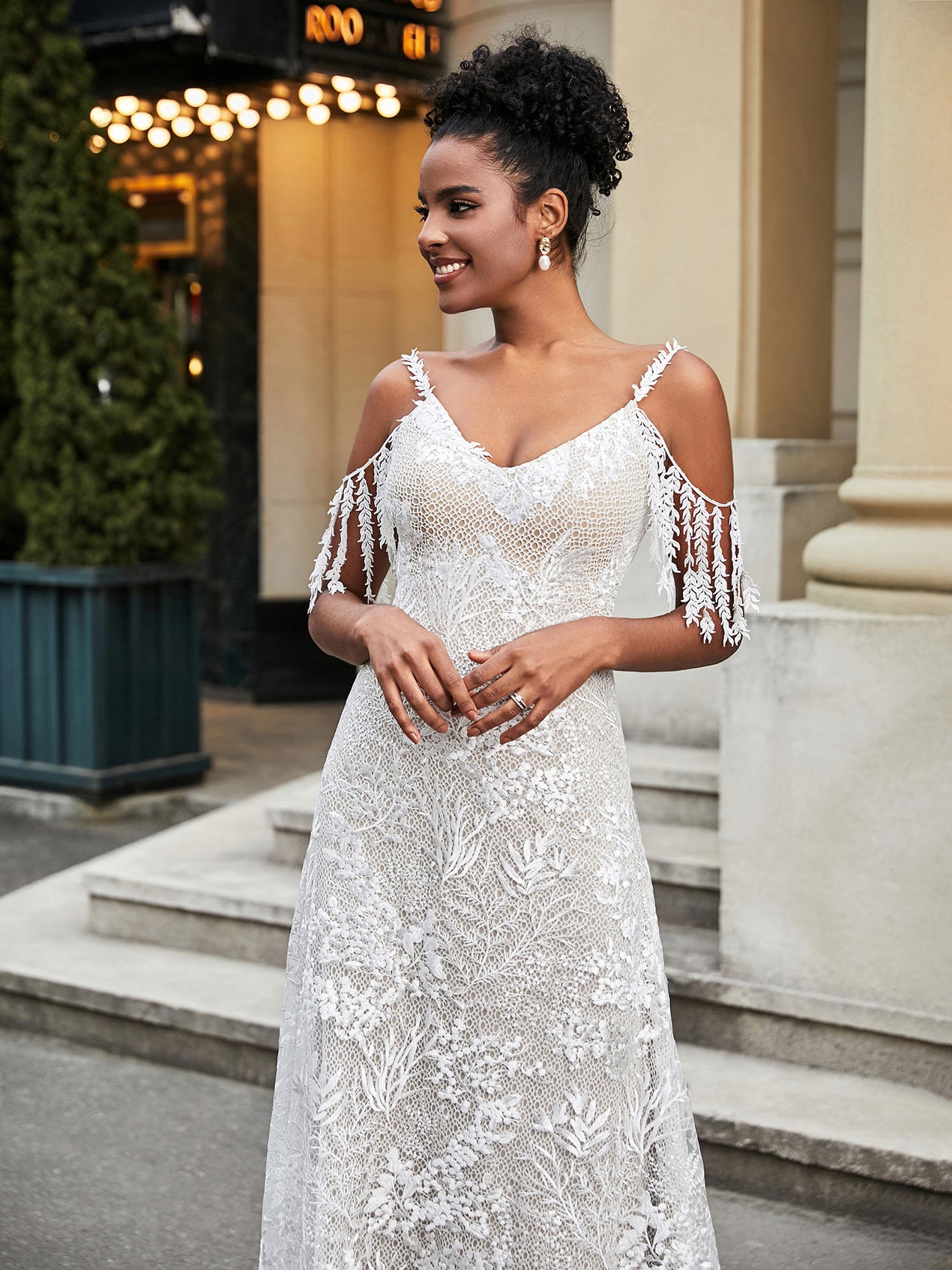 Ivory A-Line Sweep Train Lace Wedding Dress with Slit main image 0