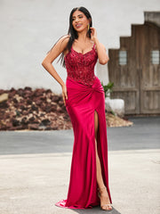 Corset Bodice High Slit Satin Gown Burgundy