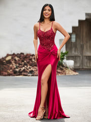 Corset Bodice High Slit Satin Gown Burgundy