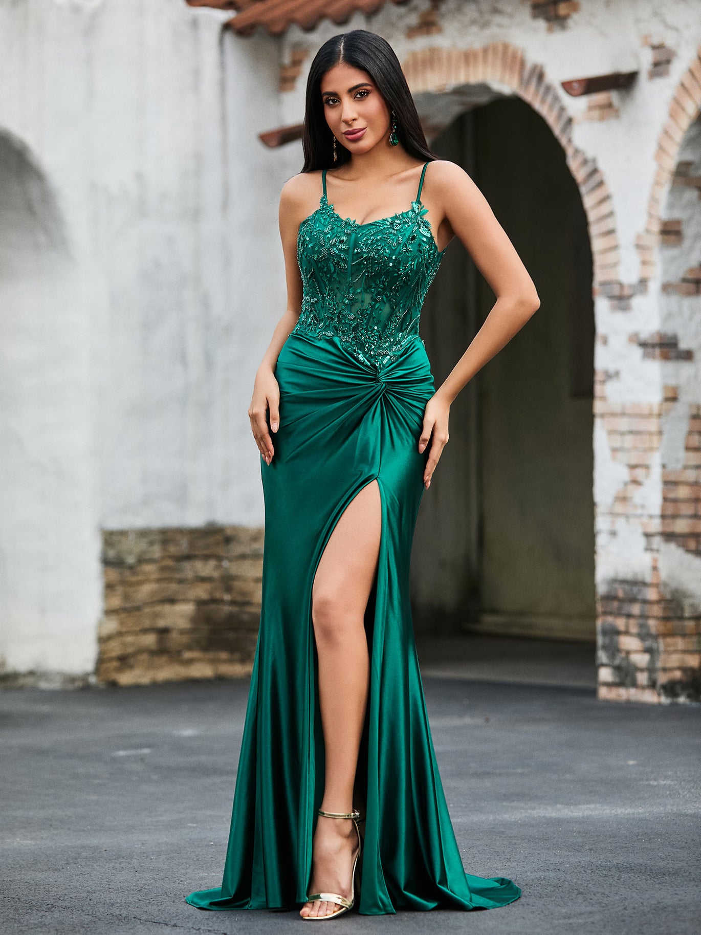 Long Dress Dark Green Sparkly Prom Dress Evening Gown Detachable Train  Velvet Emerald Green Prom Dress
