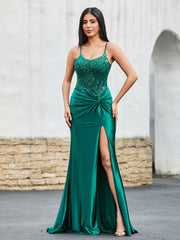 Corset Bodice High Slit Satin Gown Dark Green