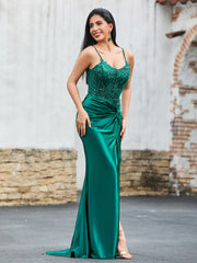Corset Bodice High Slit Satin Gown Dark Green