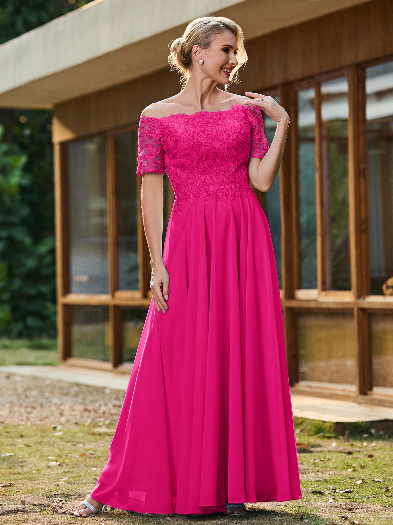 strapless open back dress Mother of The Bride Fuchsia Dress Long Cap Sleeve Embellished Asymmetric Neckline Mother of The Bride Dress