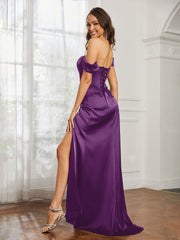 Off-the-shoulder Lace-up Dress With Slit Grape