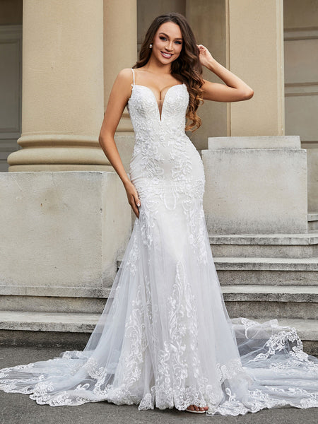 BABARONI Lace Ivory/Champagne Wedding Dresses Mermaid Deep V-Neck Thin Straps Appliqued Chapel Train, Ivory/Champagne / US0