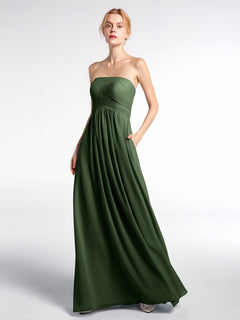 Strapless Chiffon Empire Waist Dress with Pockets-Olive Green