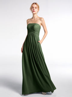 Strapless Chiffon Empire Waist Dress with Pockets-Olive Green Plus Size