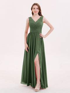 V Neck Chiffon And Lace Dress with Slit Olive Green