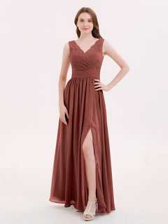 V Neck Chiffon And Lace Dress with Slit Terracotta