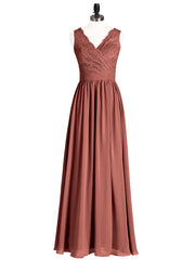V Neck Chiffon And Lace Dress with Slit Terracotta