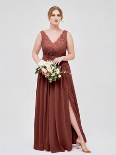 V Neck Chiffon And Lace Dress with Slit Terracotta Plus Size