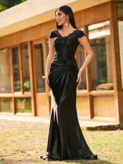 Beaded Corset Bodice Mermaid Satin Gown Black
