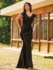 Beaded Corset Bodice Mermaid Satin Gown Black