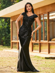 Beaded Corset Bodice Mermaid Satin Gown Black