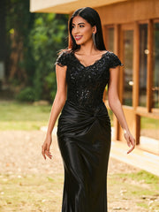 Beaded Corset Bodice Mermaid Satin Gown Black