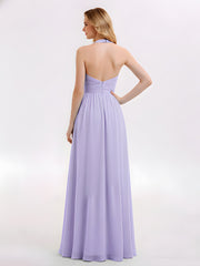 Halter V Neck Chiffon Bridesmaid Gown-Lilac