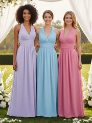 Halter V Neck Chiffon Bridesmaid Gown-Lilac