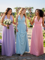 Halter V Neck Chiffon Bridesmaid Gown-Lilac