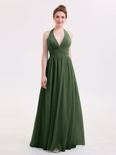 Halter V Neck Chiffon Bridesmaid Gown-Olive Green