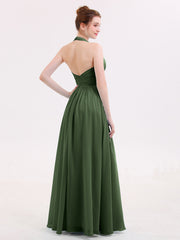 Halter V Neck Chiffon Bridesmaid Gown-Olive Green