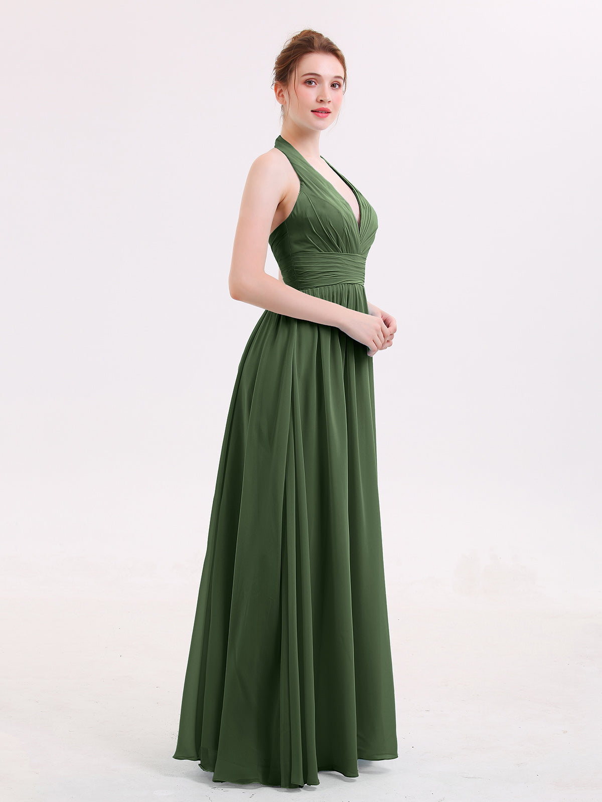Vintage Halter V Neck Olive Green Satin Long Bridesmaid Dress Formal Guest Dress SP339 main image 0