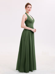 Halter V Neck Chiffon Bridesmaid Gown-Olive Green