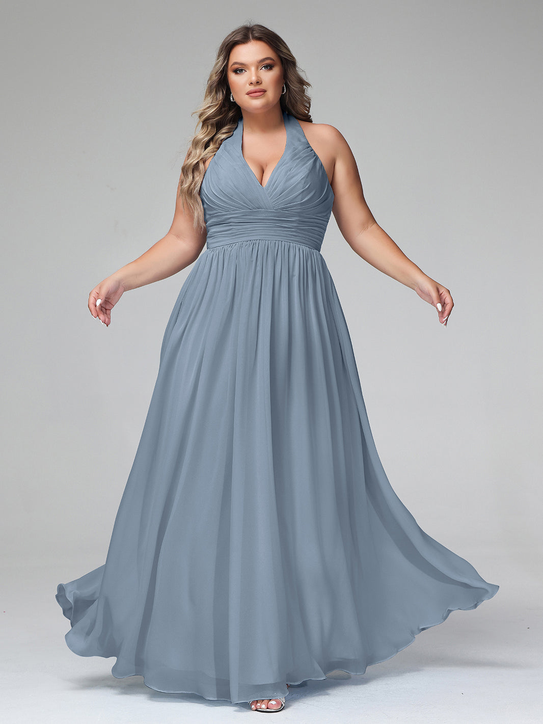 BABARONI Chiffon Dusty Blue Bridesmaid Dresses Halter Floor-length  Sleeveless Ruched A-line