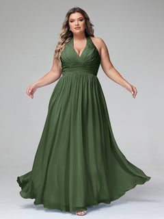 Halter V Neck Chiffon Bridesmaid Gown-Olive Green Plus Size