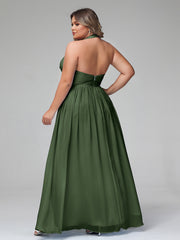 Halter V Neck Chiffon Bridesmaid Gown-Olive Green Plus Size