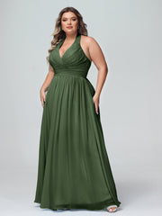 Halter V Neck Chiffon Bridesmaid Gown-Olive Green Plus Size