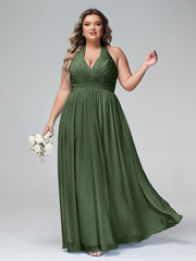 Halter V Neck Chiffon Bridesmaid Gown-Olive Green Plus Size