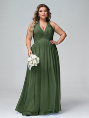 Halter V Neck Chiffon Bridesmaid Gown-Olive Green Plus Size