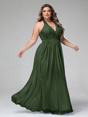Halter V Neck Chiffon Bridesmaid Gown-Olive Green Plus Size