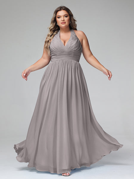 Plus Size Silver Chiffon Bridesmaid Dress, Halter V-Neck Maxi Gown for Weddings