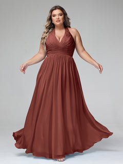 Halter V Neck Chiffon Bridesmaid Gown-Terracotta Plus Size