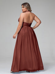 Halter V Neck Chiffon Bridesmaid Gown-Terracotta Plus Size