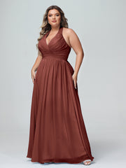 Halter V Neck Chiffon Bridesmaid Gown-Terracotta Plus Size