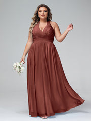 Halter V Neck Chiffon Bridesmaid Gown-Terracotta Plus Size