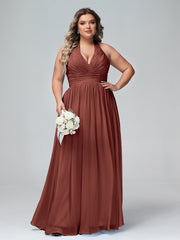 Halter V Neck Chiffon Bridesmaid Gown-Terracotta Plus Size
