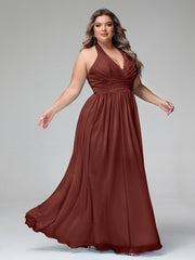 Halter V Neck Chiffon Bridesmaid Gown-Terracotta Plus Size