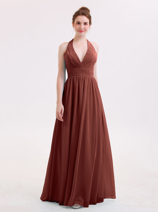 Halter V Neck Chiffon Bridesmaid Gown-Terracotta