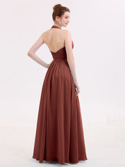 Halter V Neck Chiffon Bridesmaid Gown-Terracotta