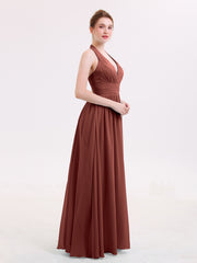 Halter V Neck Chiffon Bridesmaid Gown-Terracotta