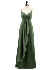 Chiffon Bridesmaid Dresses with Cascade Skirt-Olive Green