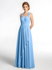 Halter Chiffon Dresses with Cascade Skirt-Blue