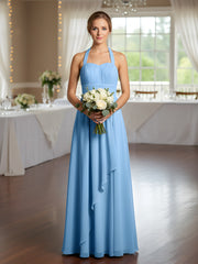Halter Chiffon Dresses with Cascade Skirt-Blue