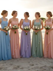 Halter Chiffon Dresses with Cascade Skirt-Blue