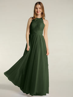 Illusion Neck Corss Waist Tulle Dresses-Olive Green Plus Size