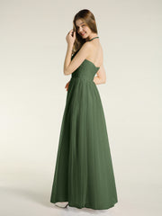 Illusion Neck Corss Waist Tulle Dresses-Olive Green Plus Size